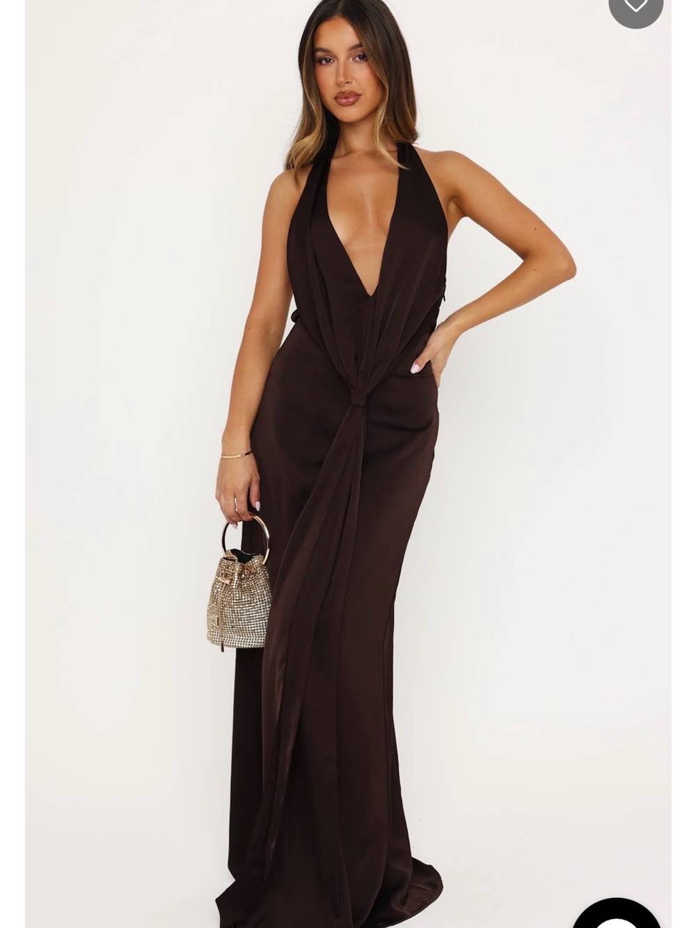 White Fox Boutique Deep V Knot-Front Satin Maxi Dress - Brown
